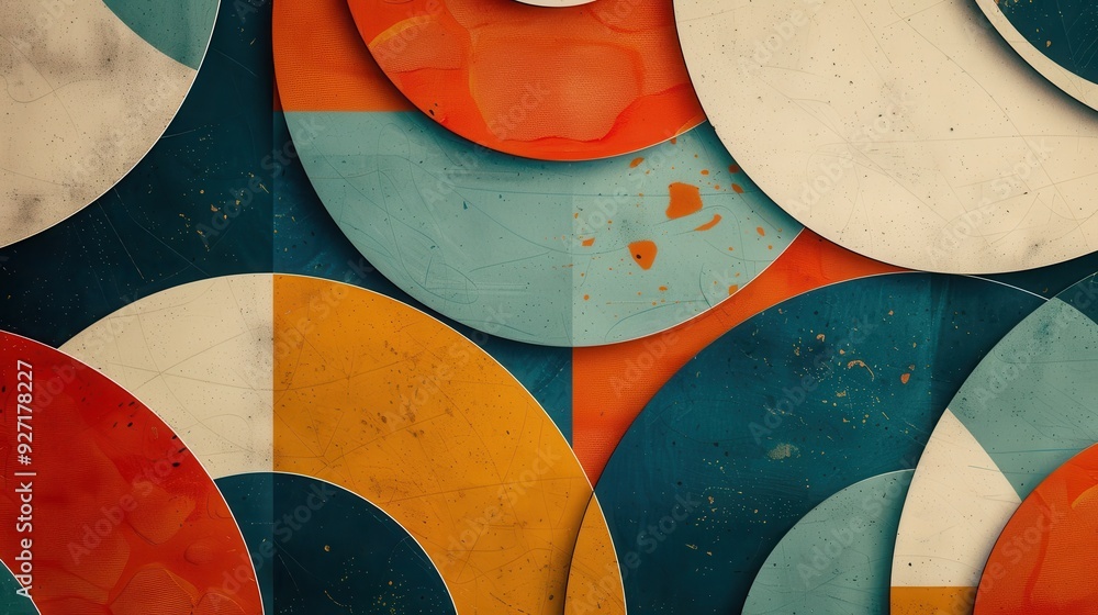 Poster This image showcases a close-up view of a geometric pattern composed of overlapping circles in shades of teal, orange, and white. The circles appear to be layered, creating a sense of depth and dimens