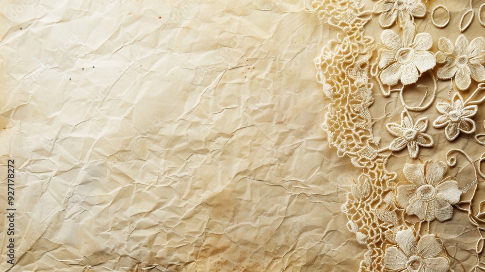 Poster a close-up image of a piece of cream-colored paper with a delicate floral lace trim on the right edg