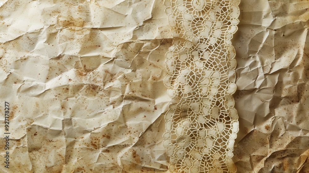 Poster A close-up photograph of a textured vintage paper background with a delicate, intricate lace border running vertically along the right side of the frame. The paper is crumpled and appears aged with sp