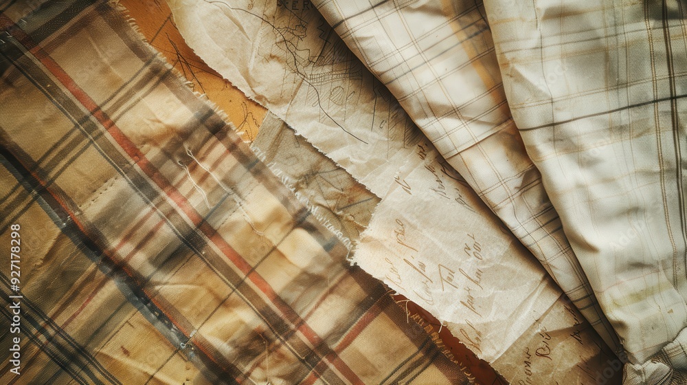 Poster a close-up view of a pile of fabric and paper. the fabric is a plaid pattern in shades of beige, bro
