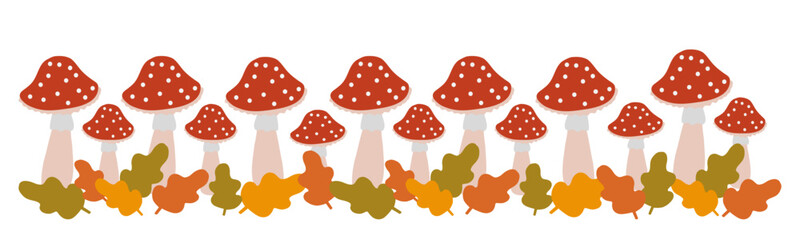 Colorful mushroom illustration with a whimsical design featuring red and white caps amidst autumn leaves