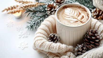 A cozy desk setup features a knitted sweater, coffee cup, candle, and a box with pine cones and decor on a white background, ideal for autumn composition with a Nordic hygge style.