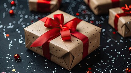 Obraz premium A craft paper gift box with a red ribbon bow against a black background with confetti is perfect for Black Friday gifts, Christmas presents, or birthday surprises.