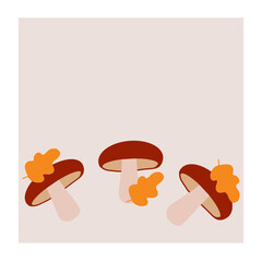 Three mushrooms with autumn leaves against a light background