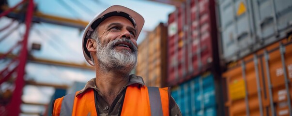 Indian worker standing in front of stacked shipping containers. Container terminal - freight shipping background. International trade banner. Import export concept.