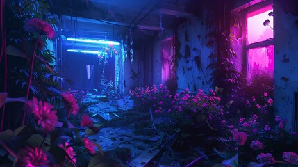 Beautiful fantasy flowers in an abandoned room, neon light glows with blue colors, glowing flowers create a fantasy flower landscape, dreamy mood, vibrant, ethereal