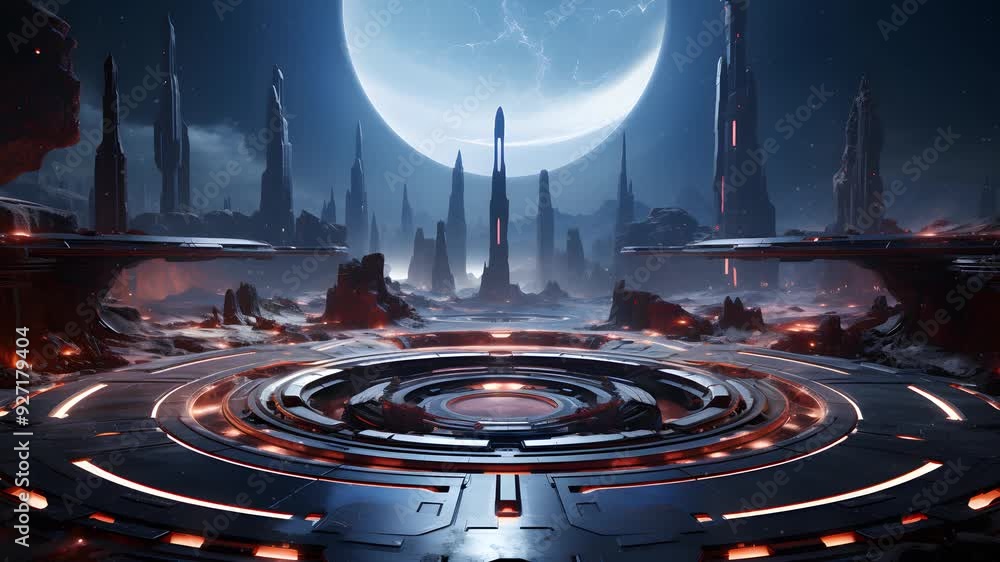 Poster futuristic sci-fi landscape with a circular platform in the foreground, massive structures in the ba