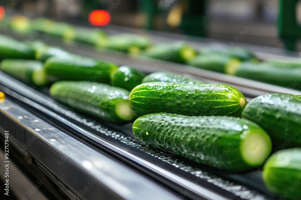 Poster cucumbers on conveyor belt in factory. this photo depicts the process of cucumbers being transported