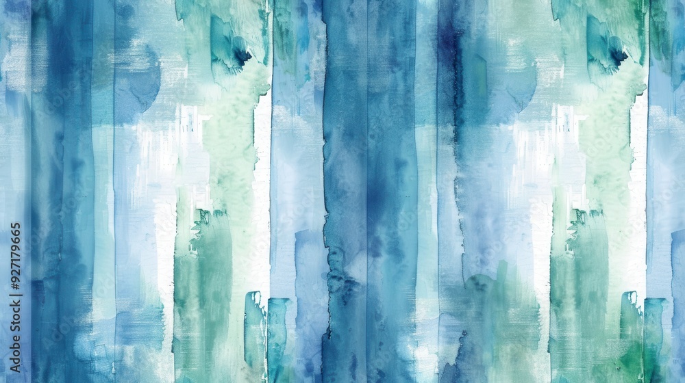 Poster a watercolor painting with abstract vertical stripes of various shades of blue and green. the colors