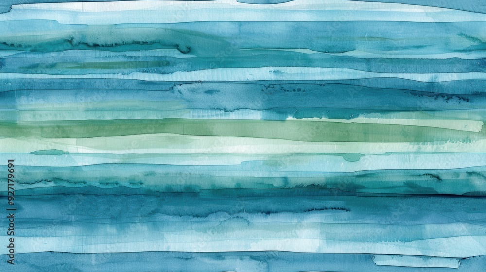 Poster an abstract watercolor painting with horizontal stripes of blue, teal, and green. the shades are var