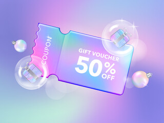 Christmas Sale Voucher coupon for business promotion sales and Discount online purchases. Tag label, sale banner 3d rendering with gradient pastel fancy ball.
