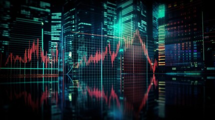 Fototapeta premium Technical price graph and indicator, red and green candlestick chart on blue theme screen. Neural network ai generated art