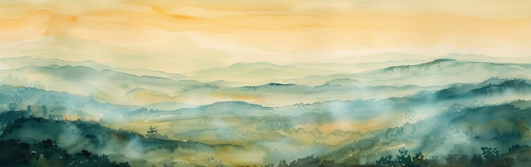 Obraz premium A watercolor painting depicts a wide view of a mountainous landscape. The rolling hills are covered in fog, which is tinged with a warm, golden light from the setting sun. The scene evokes a feeling o