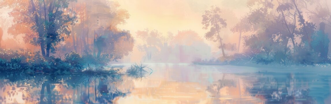 A soft, watercolor-like painting depicts a misty morning scene. A river winds through a forest, with trees lining its banks and their reflections mirrored in the water. The sky is a pale pink and oran