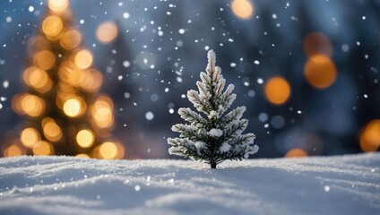 Empty white snow with blur Christmas tree with bokeh light background