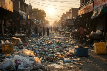 Trash-filled market street at sunrise in developing country