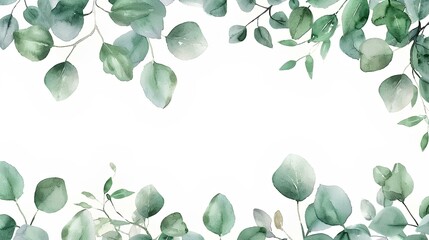 Watercolor greenery frame background with eucalyptus leaves and branches on white, empty space in the center for text or design, wedding invitation template