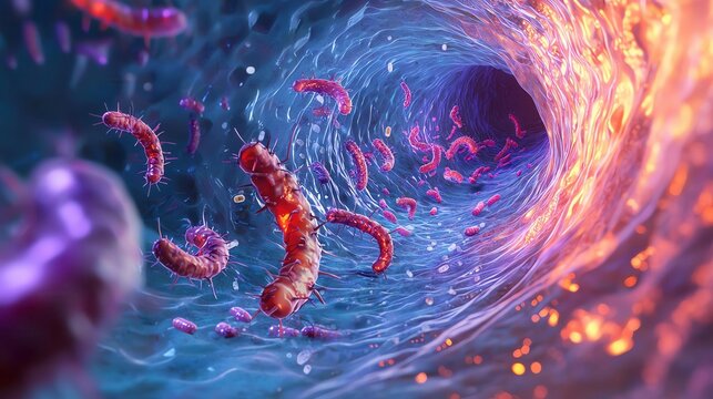Microscopic view of hookworms being eradicated by emodepside within the human gut, with the drug molecules binding to the parasites