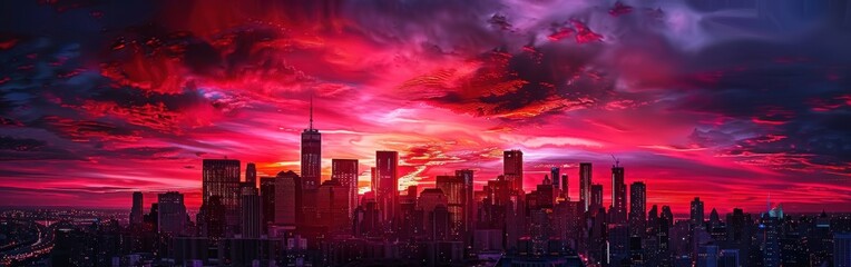 Fototapeta premium A vibrant, red and purple sunset casts a warm glow over a city skyline, with the silhouette of skyscrapers visible against the bright sky. The clouds are full of color and texture, and the city lights