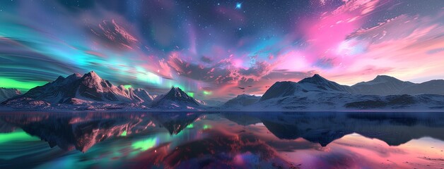 3D render of beautiful northern lights over mountains, lake reflection, purple sky, pink and blue, fantasy landscape, beauty of nature's natural display