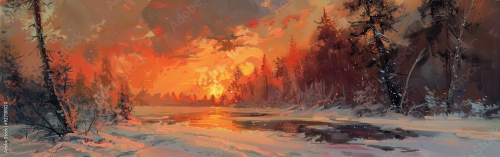 Poster the image depicts a snowy forest landscape bathed in the warm glow of a setting sun. a frozen river 