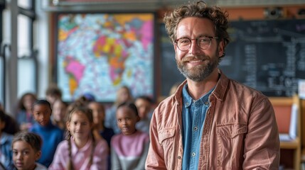 Educator in a classroom setting engaging with students, isolated on white background. Full body shot, realistic fine details, ultra-high-definition, colored background. Copy space on the right side