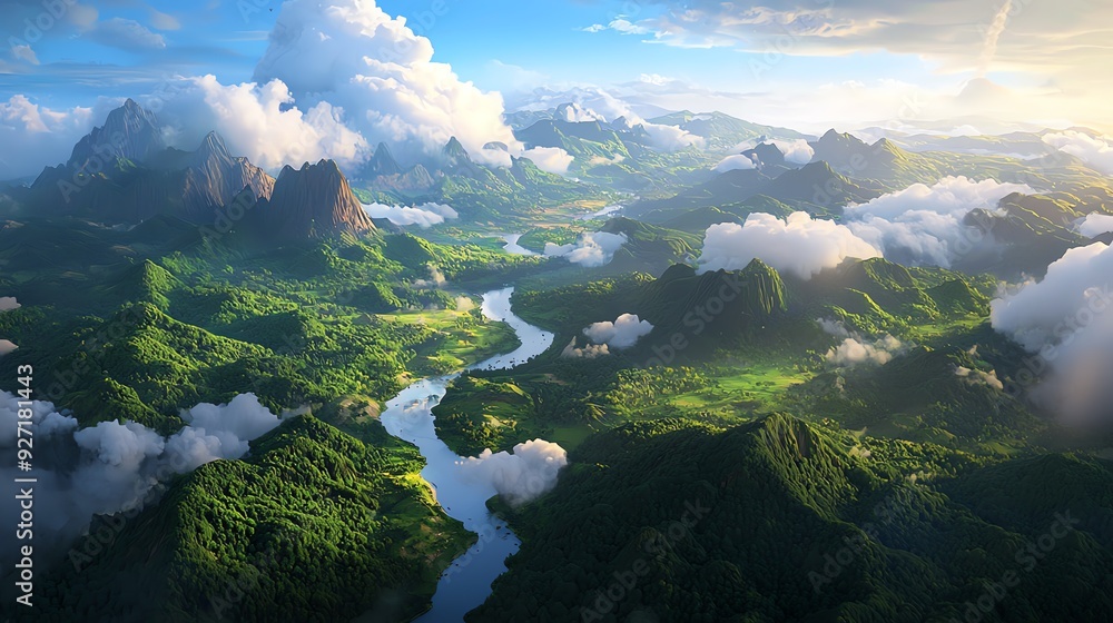 Wall mural breathtaking aerial view of lush green mountains, a winding river, and fluffy clouds under a vibrant