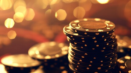 Poster featuring a stack of poker chips with a luxury casino background, highlighting the opulence and excitement of high-stakes gambling