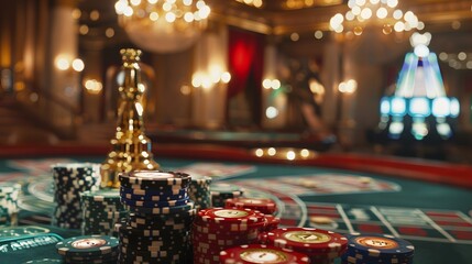 Poker chips poster set against a lavish casino backdrop, showcasing the elegance and thrill of the gaming experience