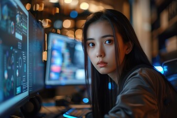 Fototapeta premium A young woman in a dark room, with a computer monitor showing a graph or spreadsheet in the background. Her face is illuminated by the light from the monitor. 