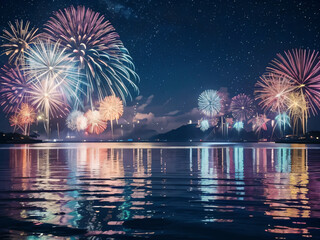 夜空に花火が上がっている　幻想的な風景