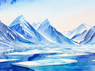 大きな氷山と氷河　水彩画