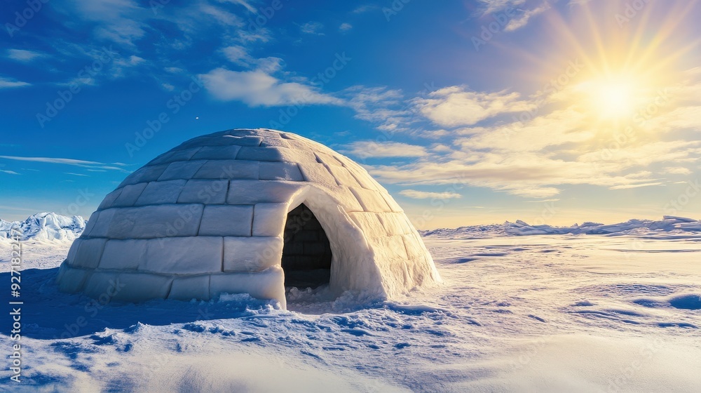Poster a small igloo is sitting in the snow on a vast, open field. the sky is clear and blue, and the igloo