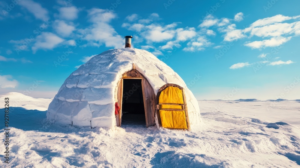 Poster a small igloo is sitting in the snow on a vast, open field. the sky is clear and blue, and the igloo