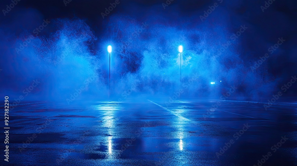Poster empty parking lot with blue lights. perfect for creating a mysterious or atmospheric scene.
