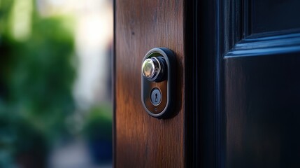 Obraz premium A close-up of a smart lock on a door being controlled via a mobile app