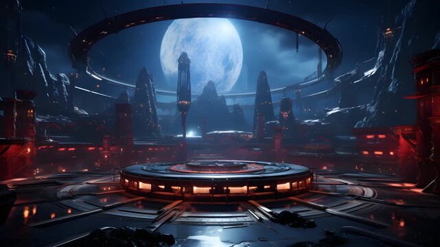 A futuristic city under a giant moon with glowing lights and a circular platform in the middle. A beautiful and serene scenery. 