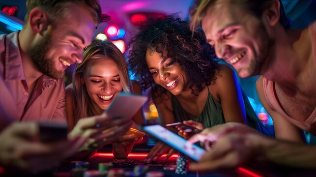 Group of friends playing on an online gambling platform on their tablets and smartphones