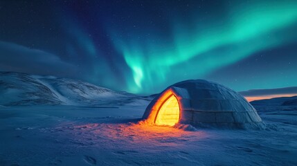 A small igloo is lit up by a fire in the middle of a snowy landscape. The scene is serene and peaceful, with the glowing fire providing a warm and inviting atmosphere