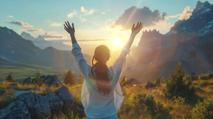 With her hands raised, a woman wearing a white shirt enjoys the morning sun over the mountains.