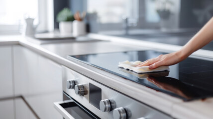 Obraz premium A person cleaning a modern kitchen stove. The hand is wiping the hob with a cloth, showcasing cleanliness and tidiness in a contemporary kitchen.