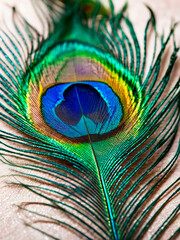 Obraz premium Close-up photo of a bright and colorful peacock feather on a purple background