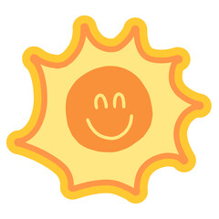 Hand drawn happy sun for spring, summer break, hot season, warm temperature, weather, picnic, cartoon character, comic, mascot, cute patches, shirt print, plush toy, kid doll, brooch, emoji, stickers