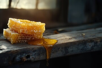 Honeycomb with fresh honey dripping on rustic wood