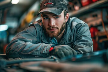 Close-up portrait of a young man wearing a blue work uniform and a black cap, looking down with a serious expression, while working in a garage.