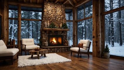 Fototapeta premium Indoor Rustic wooden house with fireplace and snow forest
