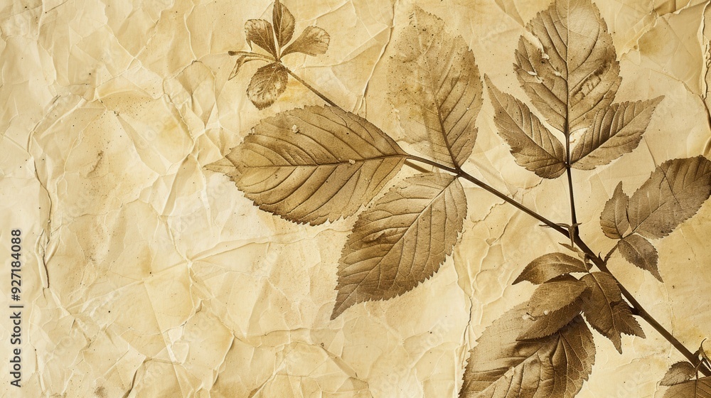 Aufkleber A branch of pressed brown leaves is displayed against a backdrop of crumpled, textured paper. The leaves are arranged in a natural, overlapping pattern, creating a sense of depth and texture. The over