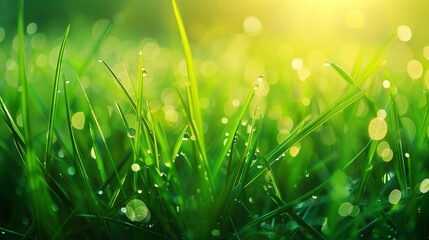 Fototapeta premium Green background Close-up of dewy grass