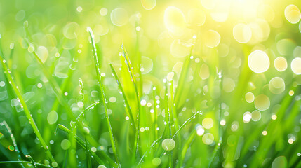 Green background Close-up of dewy grass