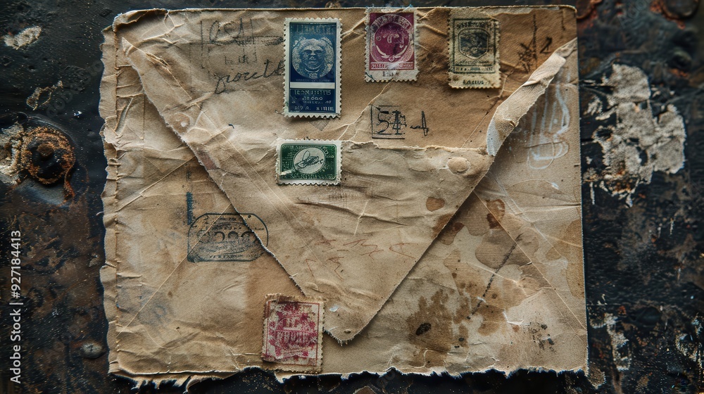 Poster an aged, creased, and worn envelope with several stamps attached to it, some of which have faded ove